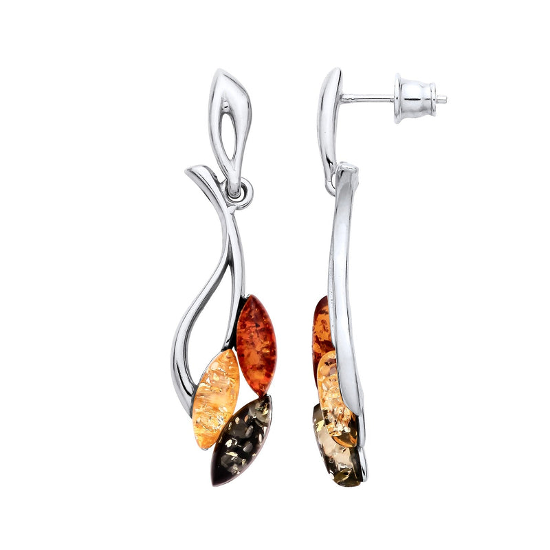 Sterling Silver Natural Baltic Amber Five-Leaf Branch Drop Earrings