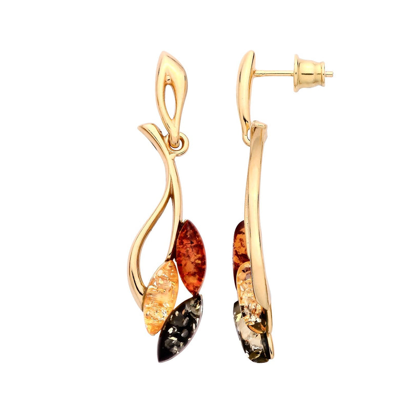 Gold Plated Sterling Silver Natural Baltic Amber Five-Leaf Branch Drop Earrings