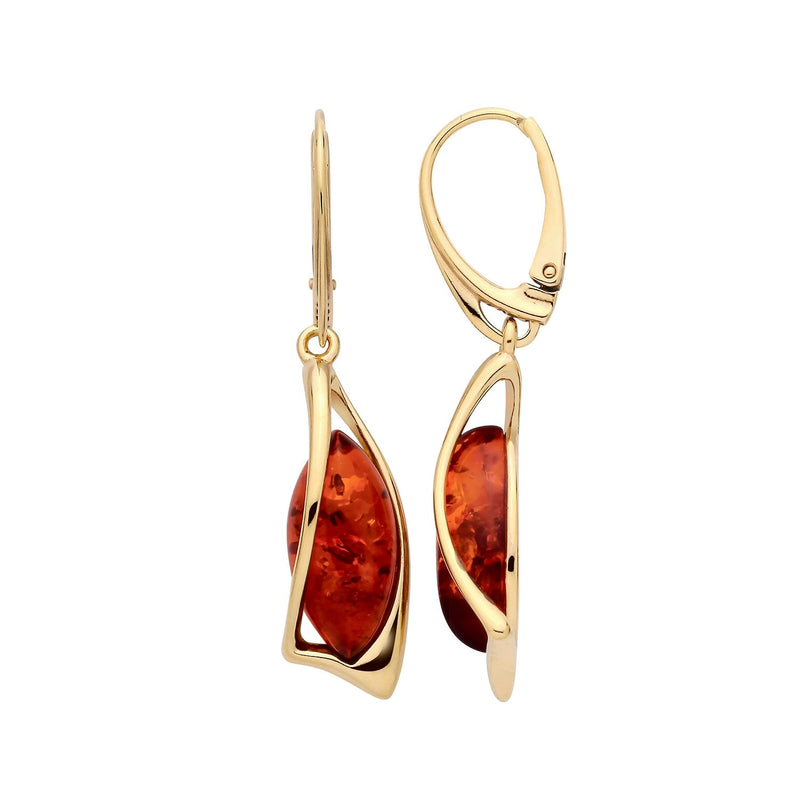 Gold Plated Sterling Silver Natural Baltic Amber Angular Marquise Drop Earrings