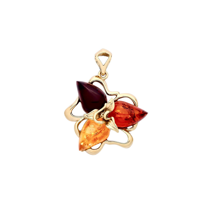 Gold Plated Sterling Silver Natural Baltic Amber Three-Leaf Floral Cluster Pendant