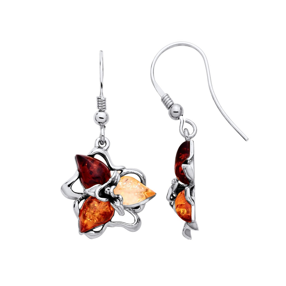 Sterling Silver Natural Baltic Amber Three-Leaf Floral Cluster Drop Earrings