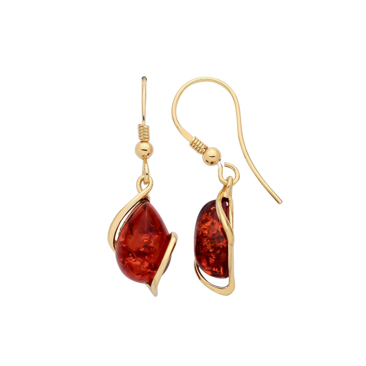 Gold Plated Sterling Silver Natural Baltic Amber Asymmetric Teardrop Drop Earrings