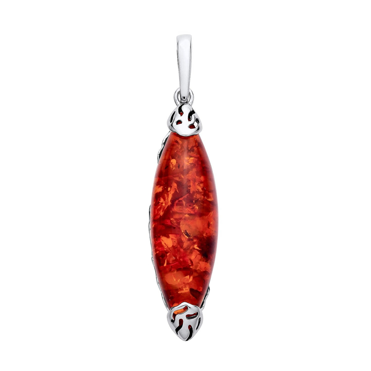 Sterling Silver Natural Baltic Amber Elongated Marquise Filigree Pendant