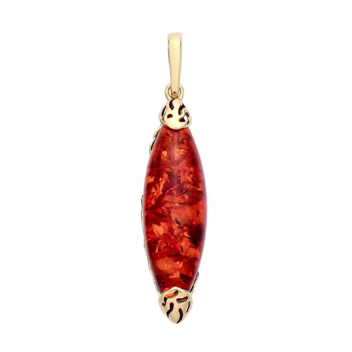 Gold Plated Sterling Silver Natural Baltic Amber Elongated Marquise Filigree Pendant