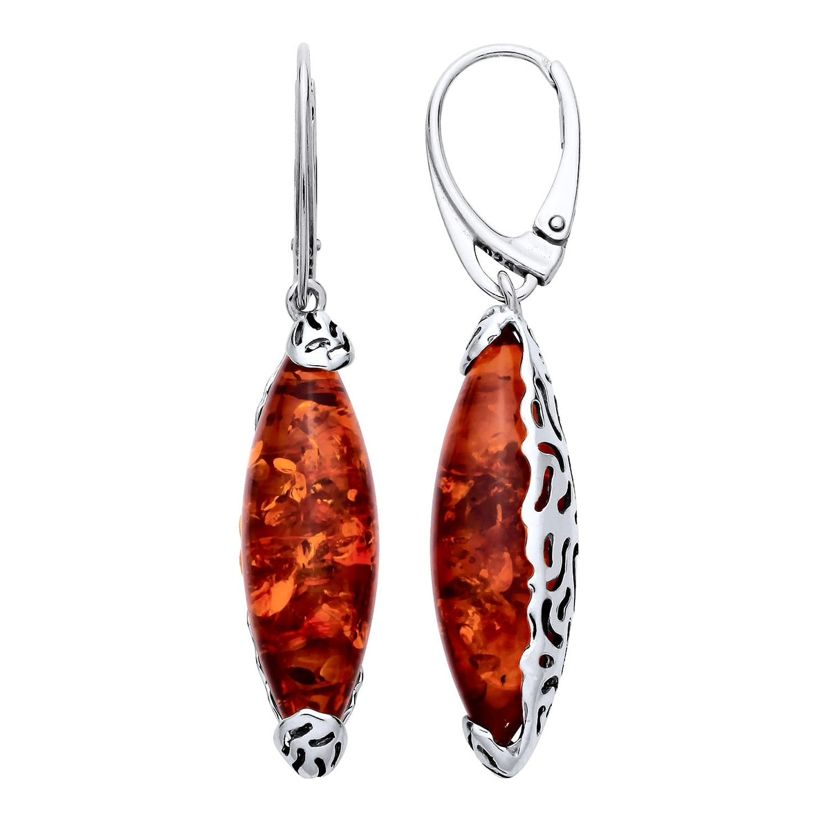 Sterling Silver Natural Baltic Amber Elongated Marquise Filigree Drop Earrings