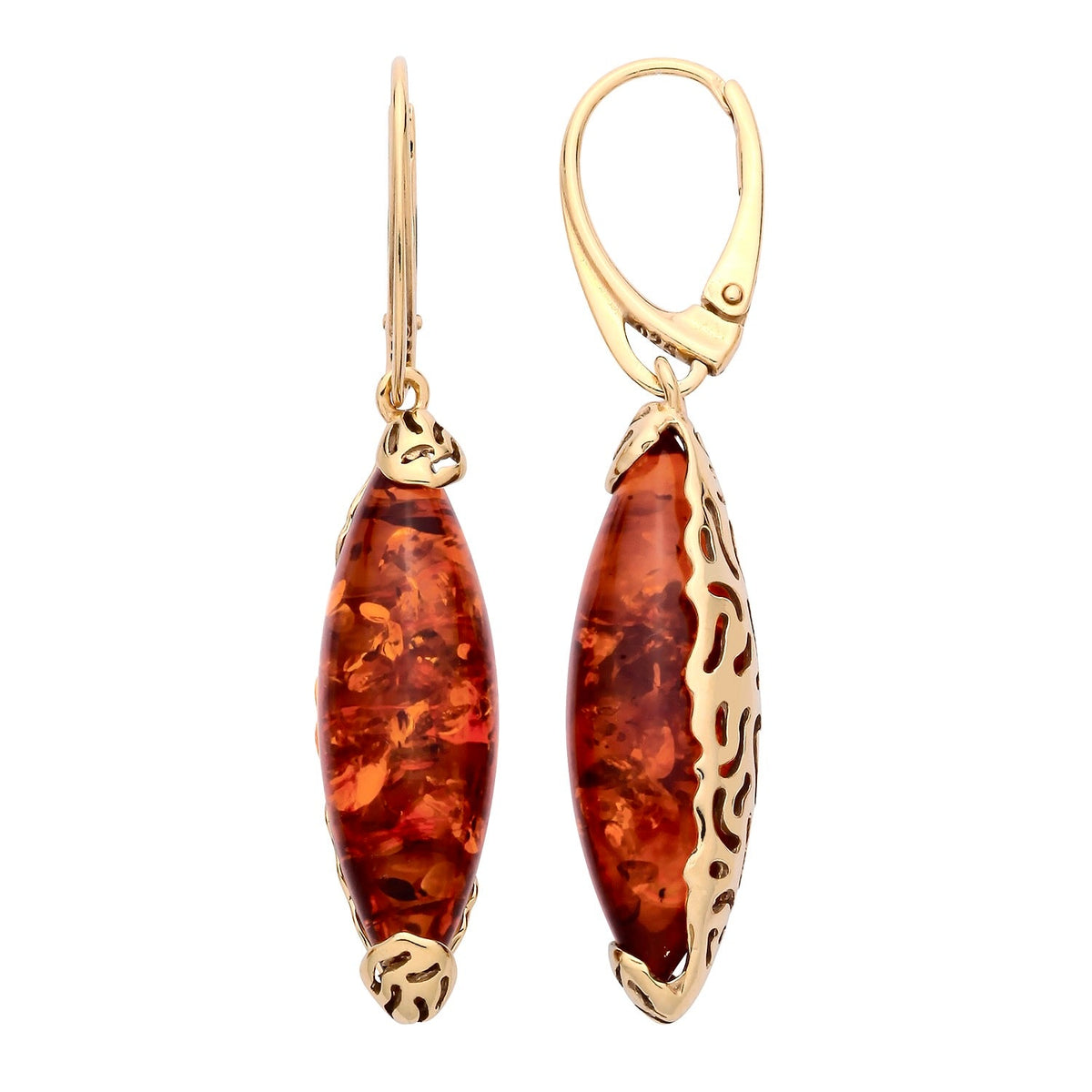 Gold Plated Sterling Silver Natural Baltic Amber Elongated Marquise Filigree Drop Earrings