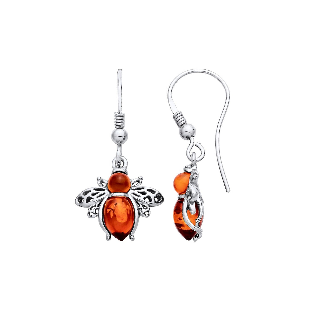 Sterling Silver Natural Baltic Amber Bee Drop Earrings