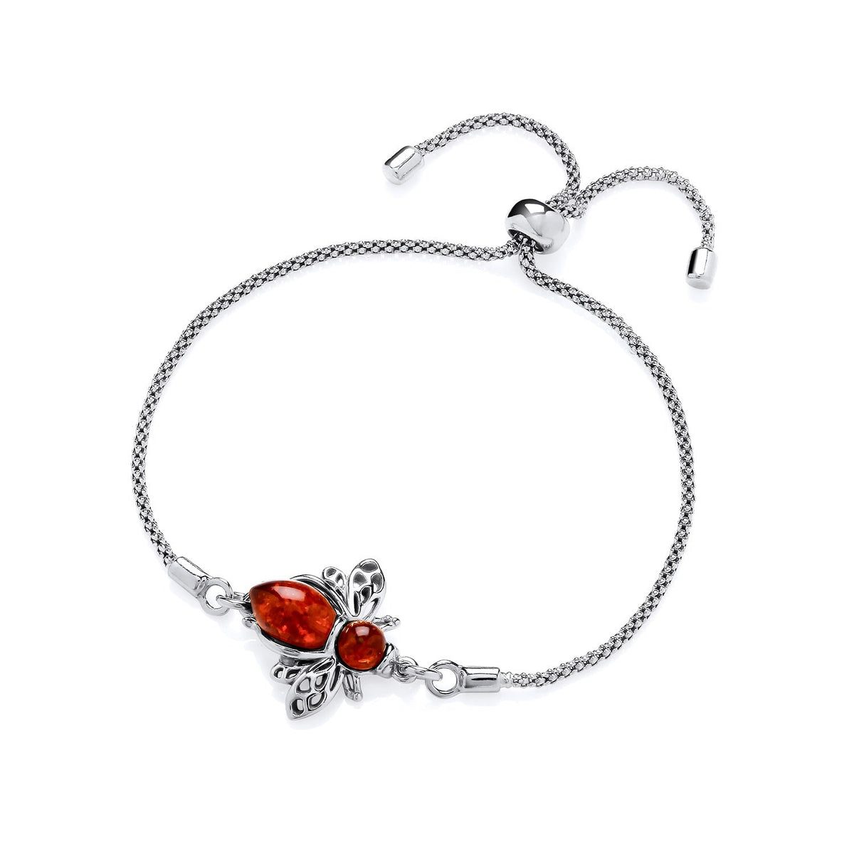 Sterling Silver Natural Baltic Amber Bee Adjustable Bracelet