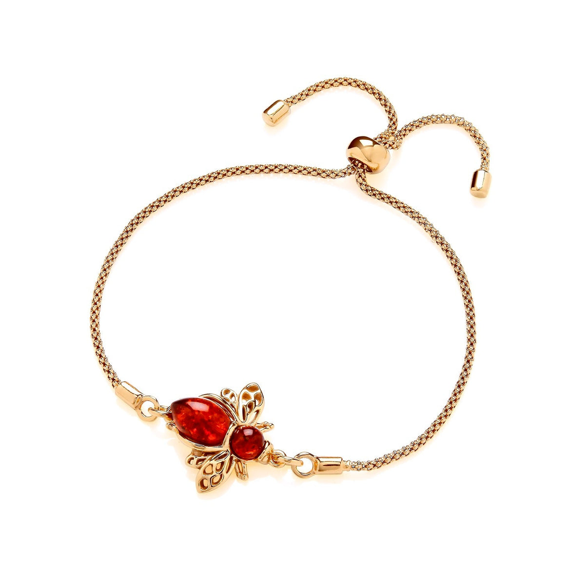 Gold Plated Sterling Silver Natural Baltic Amber Bee Adjustable Bracelet