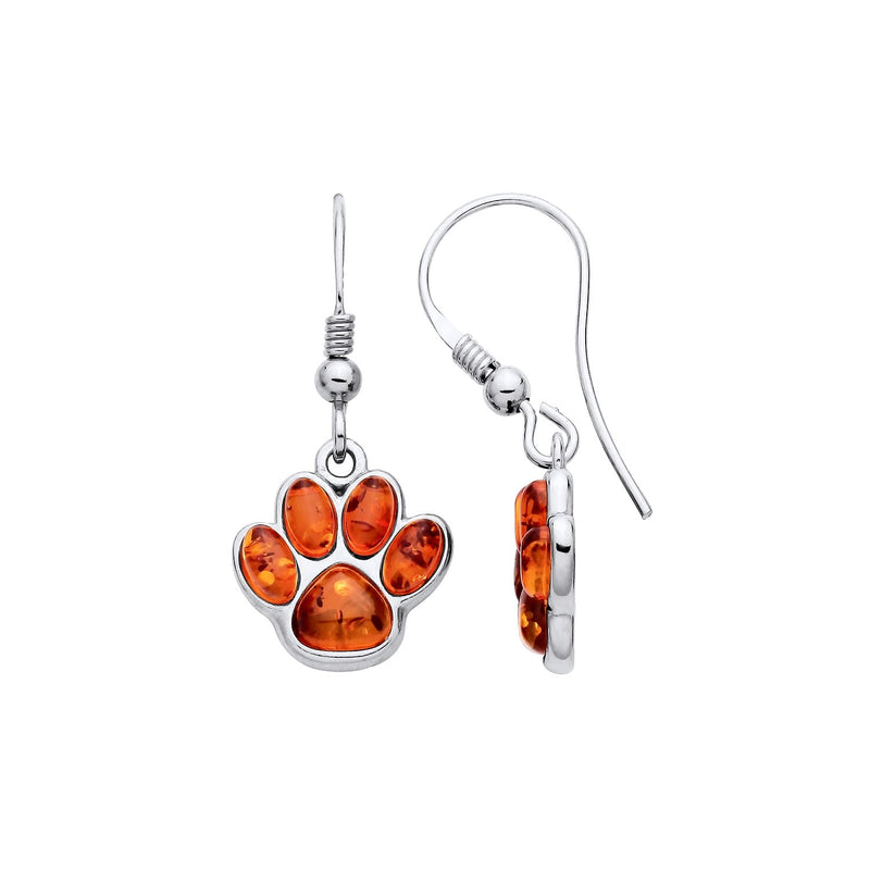 Sterling Silver Natural Baltic Amber Paw Print Drop Earrings