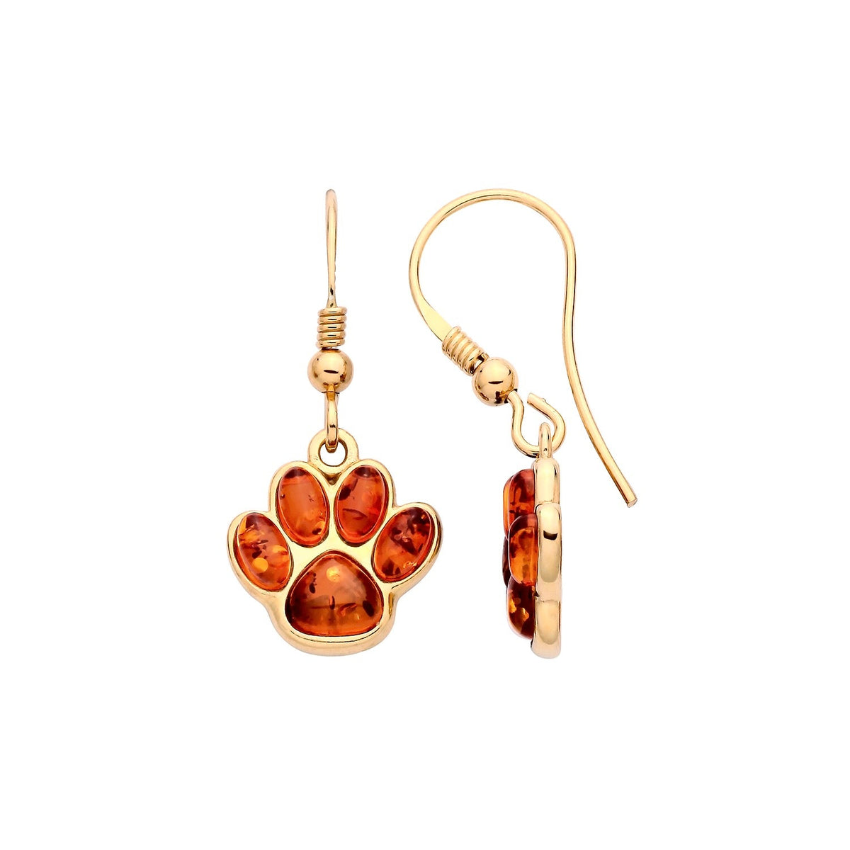 Gold Plated Sterling Silver Natural Baltic Amber Paw Print Drop Earrings