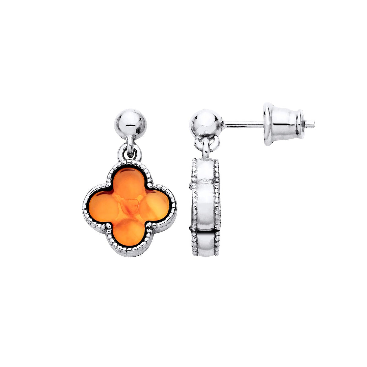 Sterling Silver Natural Baltic Amber Clover Drop Earrings