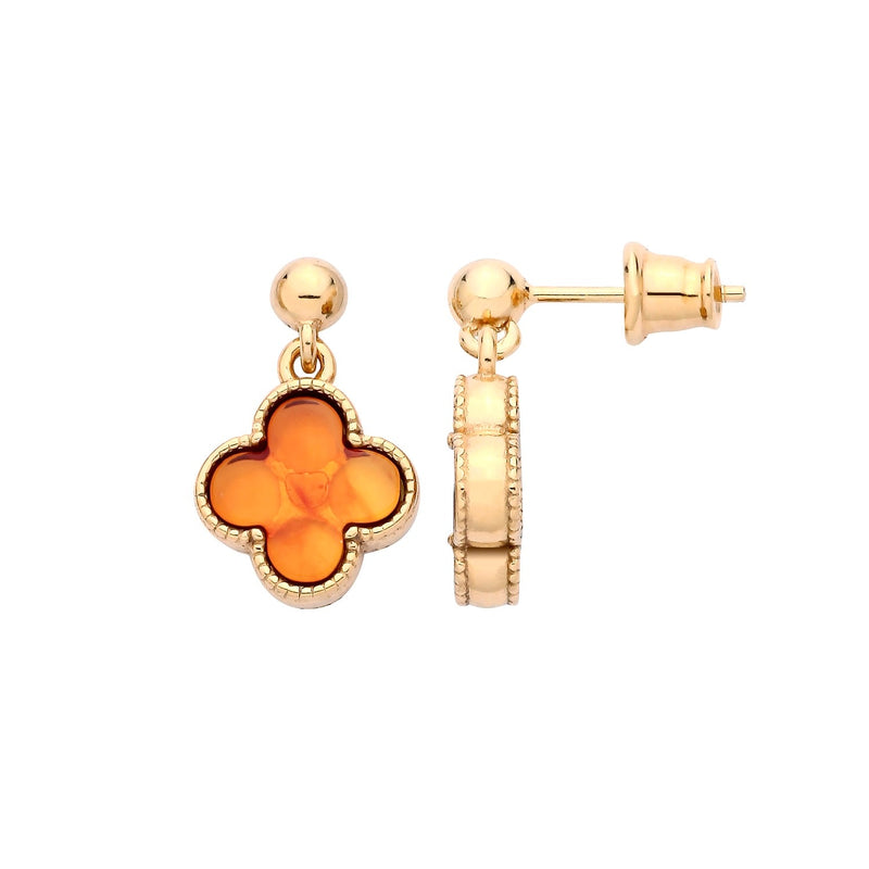 Gold Plated Sterling Silver Natural Baltic Amber Clover Drop Earrings