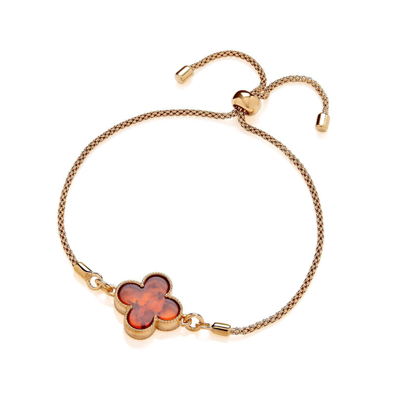 Gold Plated Sterling Silver Natural Baltic Amber Clover Adjustable Bracelet