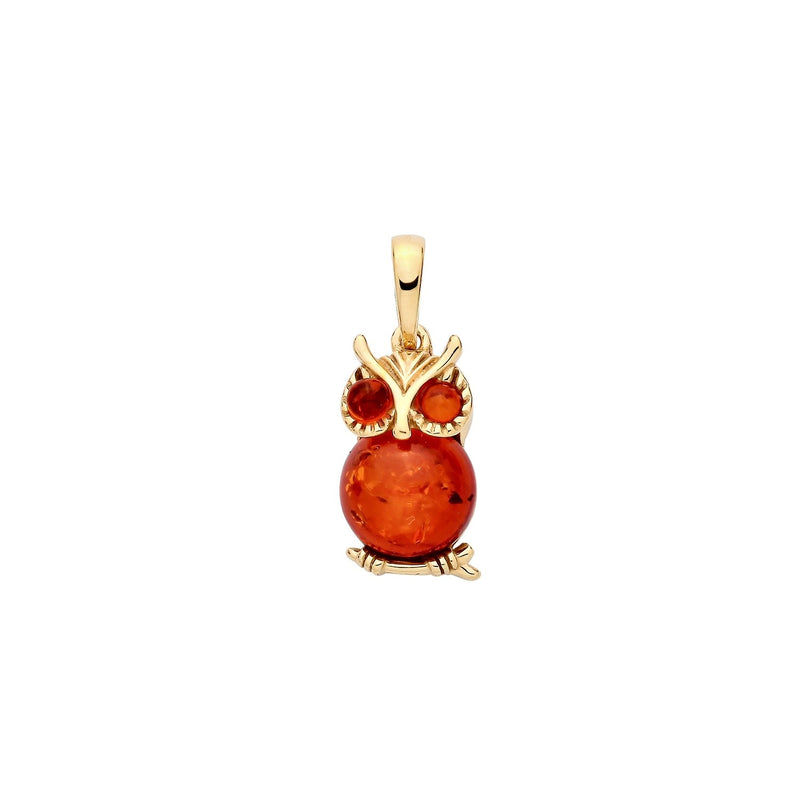 Gold Plated Sterling Silver Natural Baltic Amber Owl Pendant