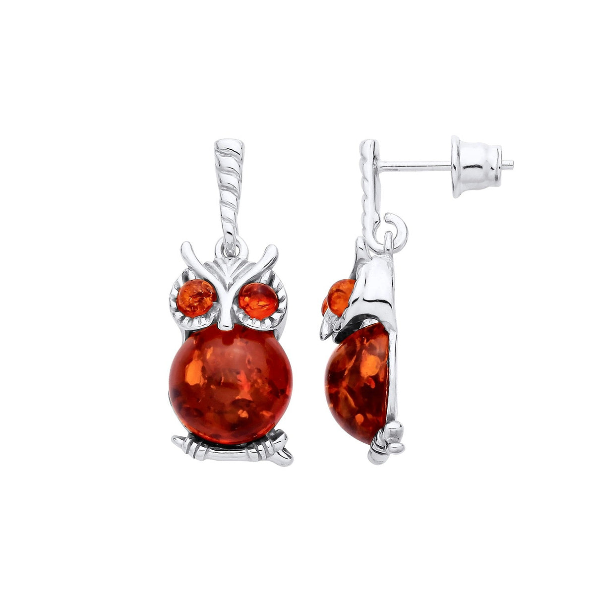Sterling Silver Natural Baltic Amber Owl Drop Earrings