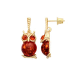 Gold Plated Sterling Silver Natural Baltic Amber Owl Drop Earrings