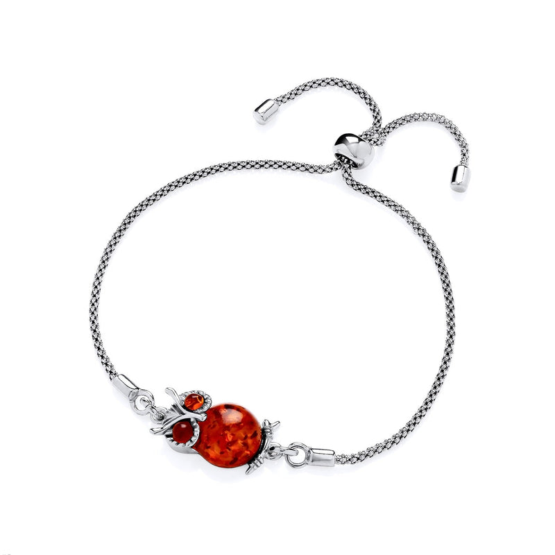 Sterling Silver Natural Baltic Amber Owl Adjustable Bracelet