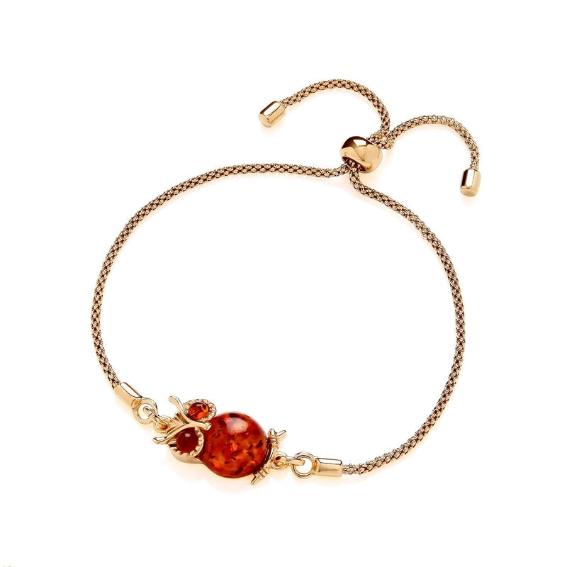 Gold Plated Sterling Silver Natural Baltic Amber Owl Adjustable Bracelet