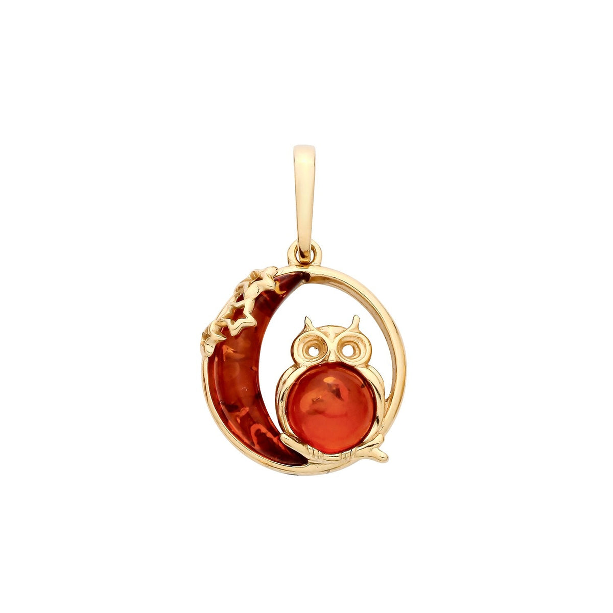 Gold Plated Sterling Silver Natural Baltic Amber Owl & Moon Pendant