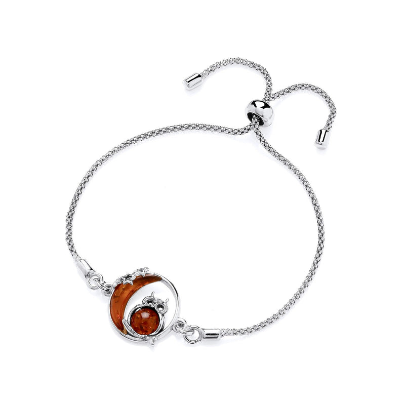 Sterling Silver Natural Baltic Amber Owl & Moon Adjustable Bracelet