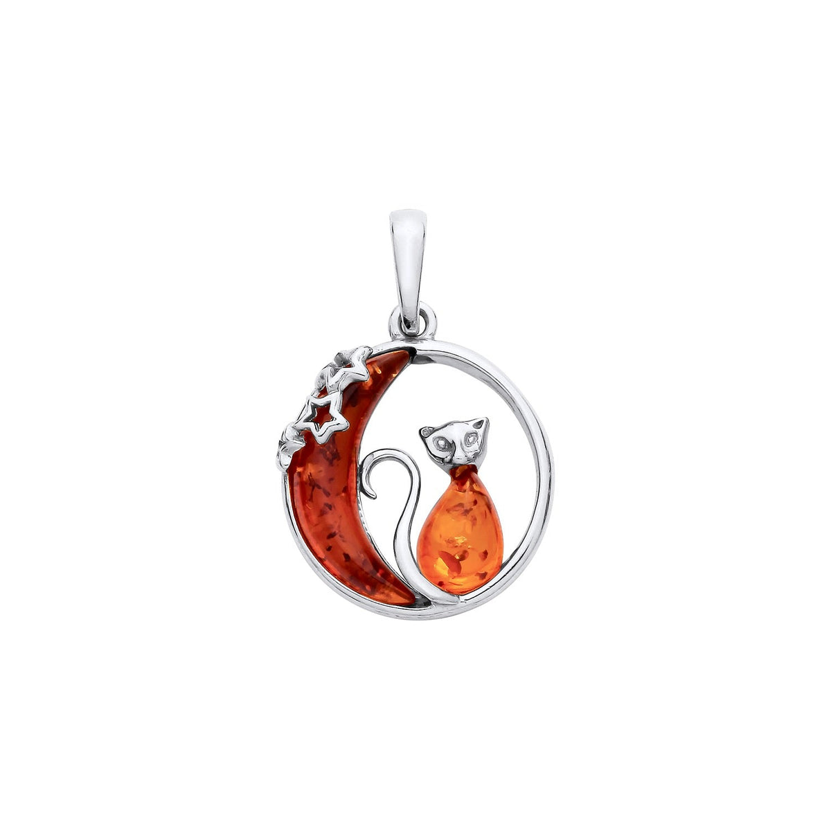 Sterling Silver Natural Baltic Amber Cat & Moon Pendant