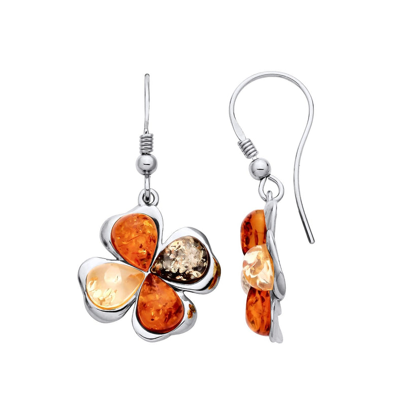 Sterling Silver Natural Baltic Amber Shamrock Drop Earrings