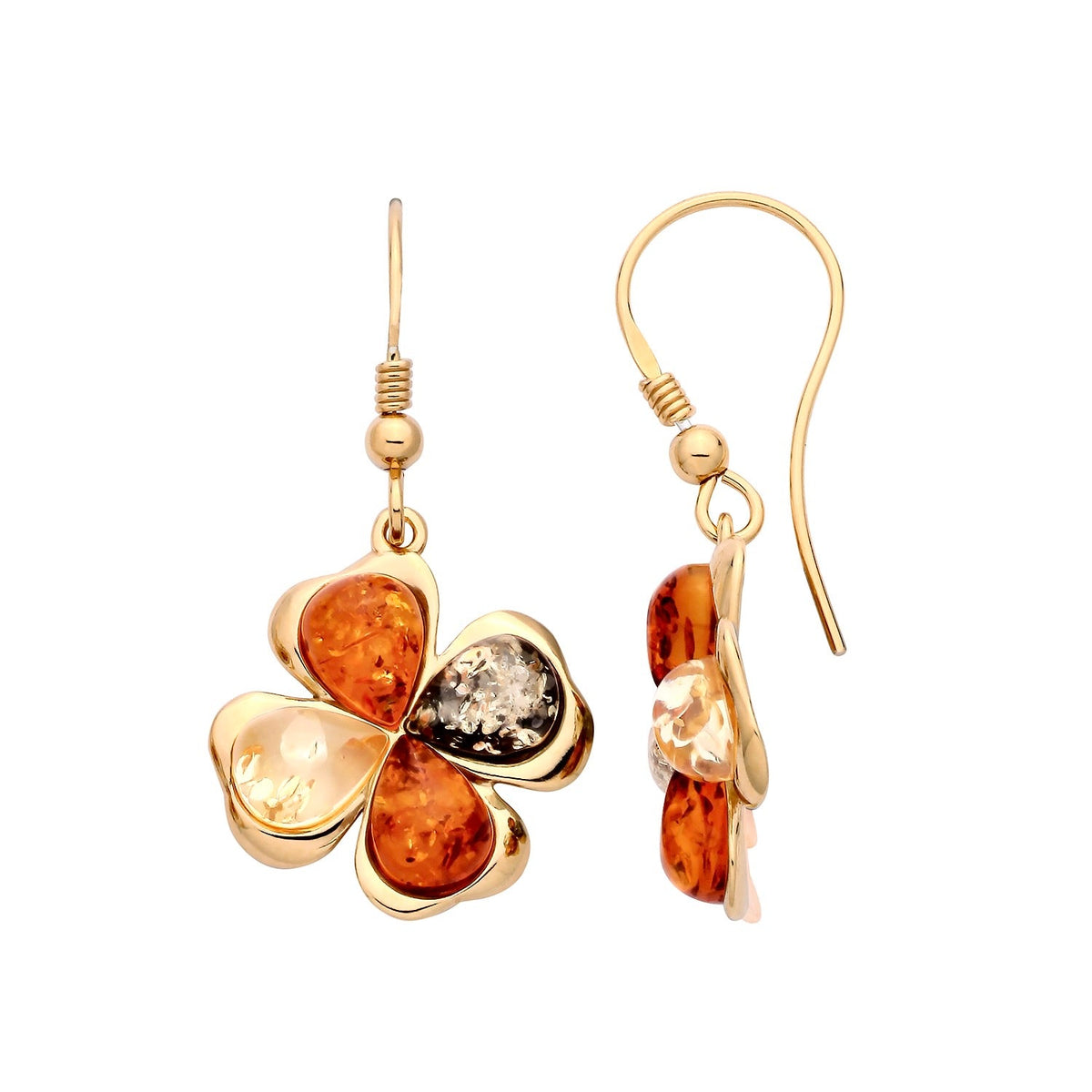 Gold Plated Sterling Silver Natural Baltic Amber Shamrock Drop Earrings