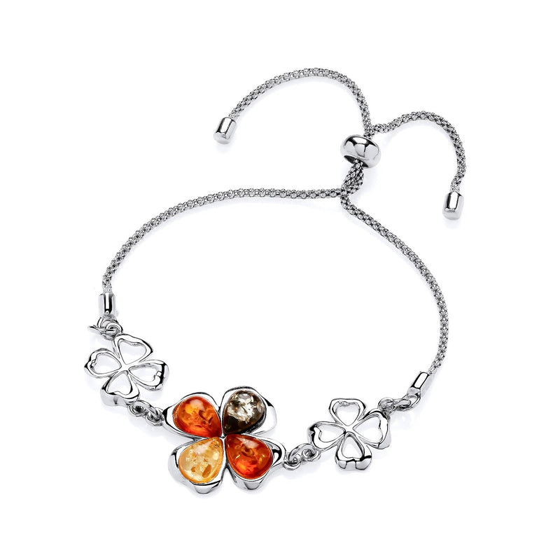 Sterling Silver Natural Baltic Amber Shamrock Adjustable Bracelet