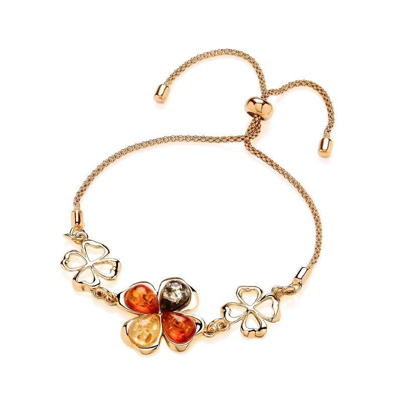 Gold Plated Sterling Silver Natural Baltic Amber Shamrock Adjustable Bracelet