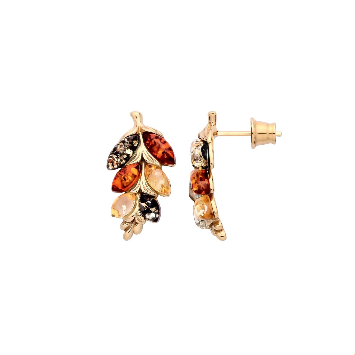 Gold Plated Sterling Silver Natural Baltic Amber Leaf Stud Earrings