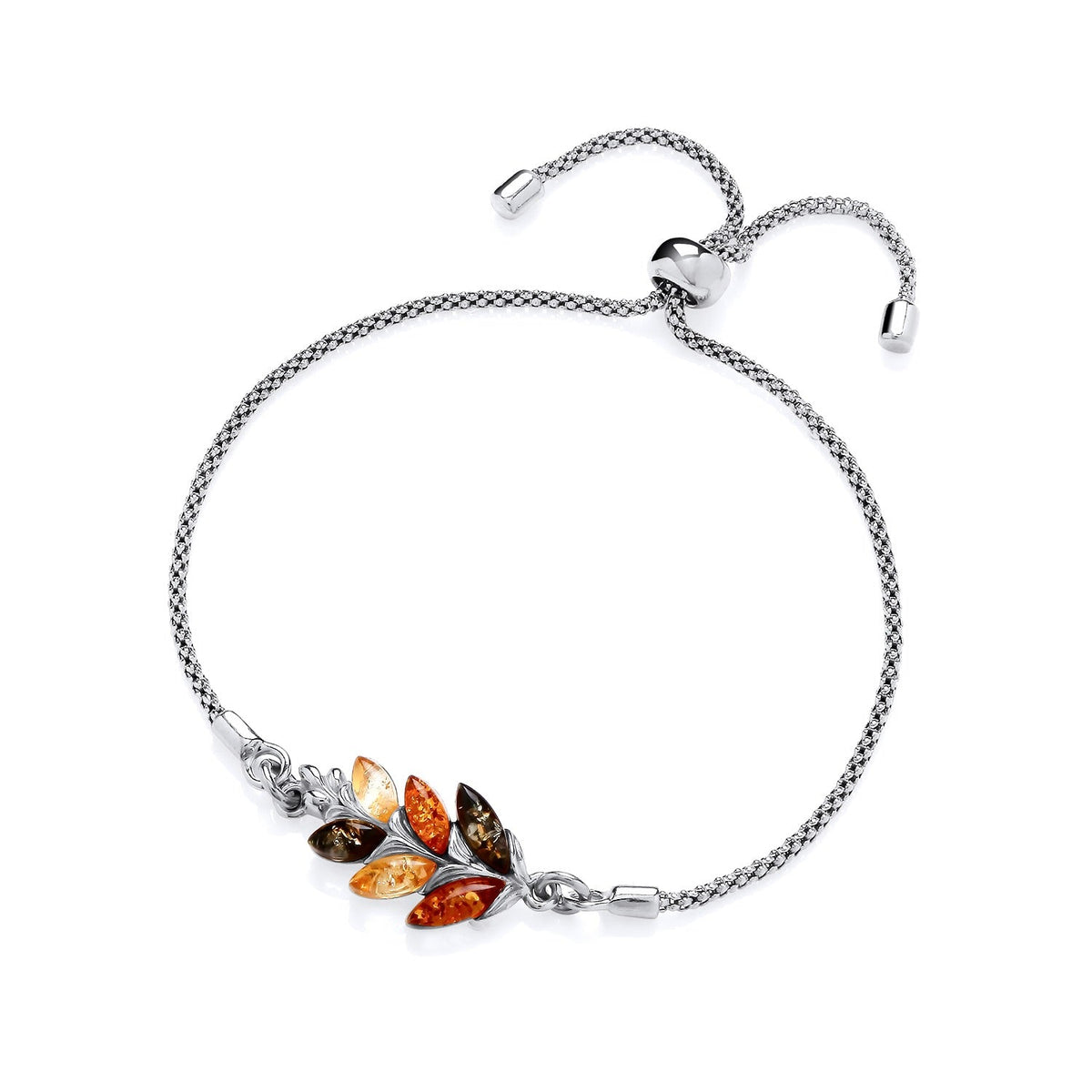 Sterling Silver Natural Baltic Amber Leaf Adjustable Bracelet