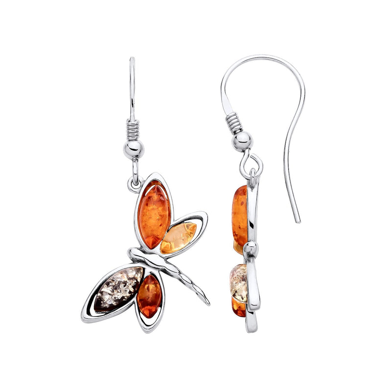 Sterling Silver Natural Baltic Amber Dragonfly Drop Earrings