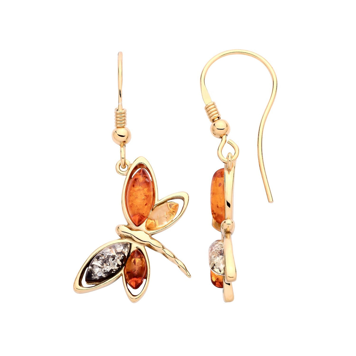 Gold Plated Sterling Silver Natural Baltic Amber Dragonfly Drop Earrings