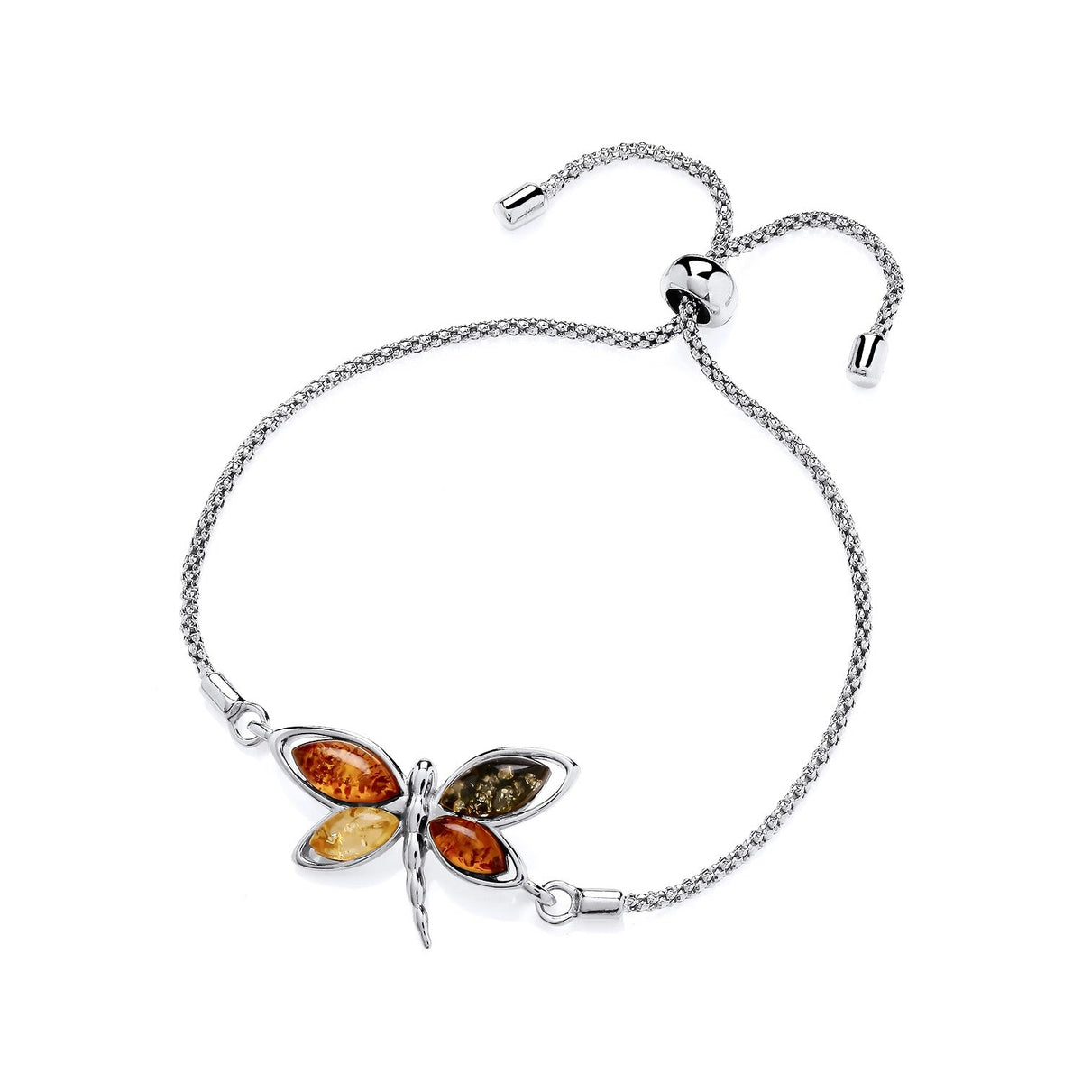 Sterling Silver Natural Baltic Amber Dragonfly Adjustable Bracelet