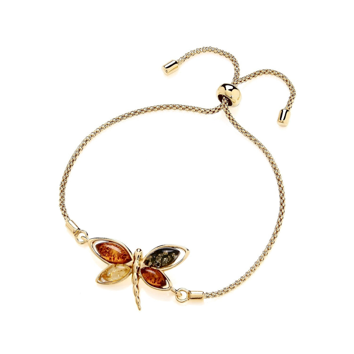 Gold Plated Sterling Silver Natural Baltic Amber Dragonfly Adjustable Bracelet