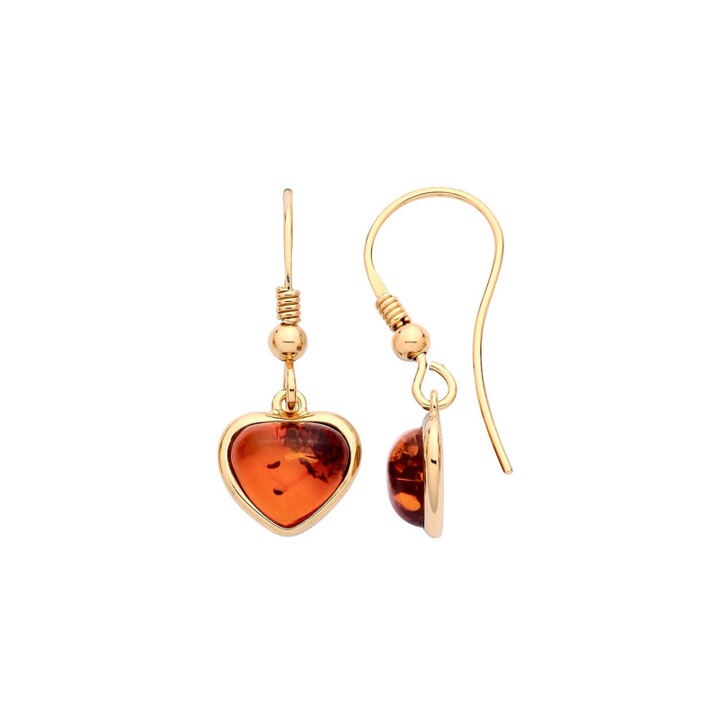Gold Plated Sterling Silver Natural Baltic Amber Heart Drop Earrings