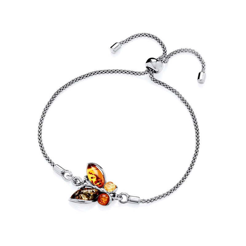 Sterling Silver Natural Baltic Amber Multi Coloured Butterfly Bracelet
