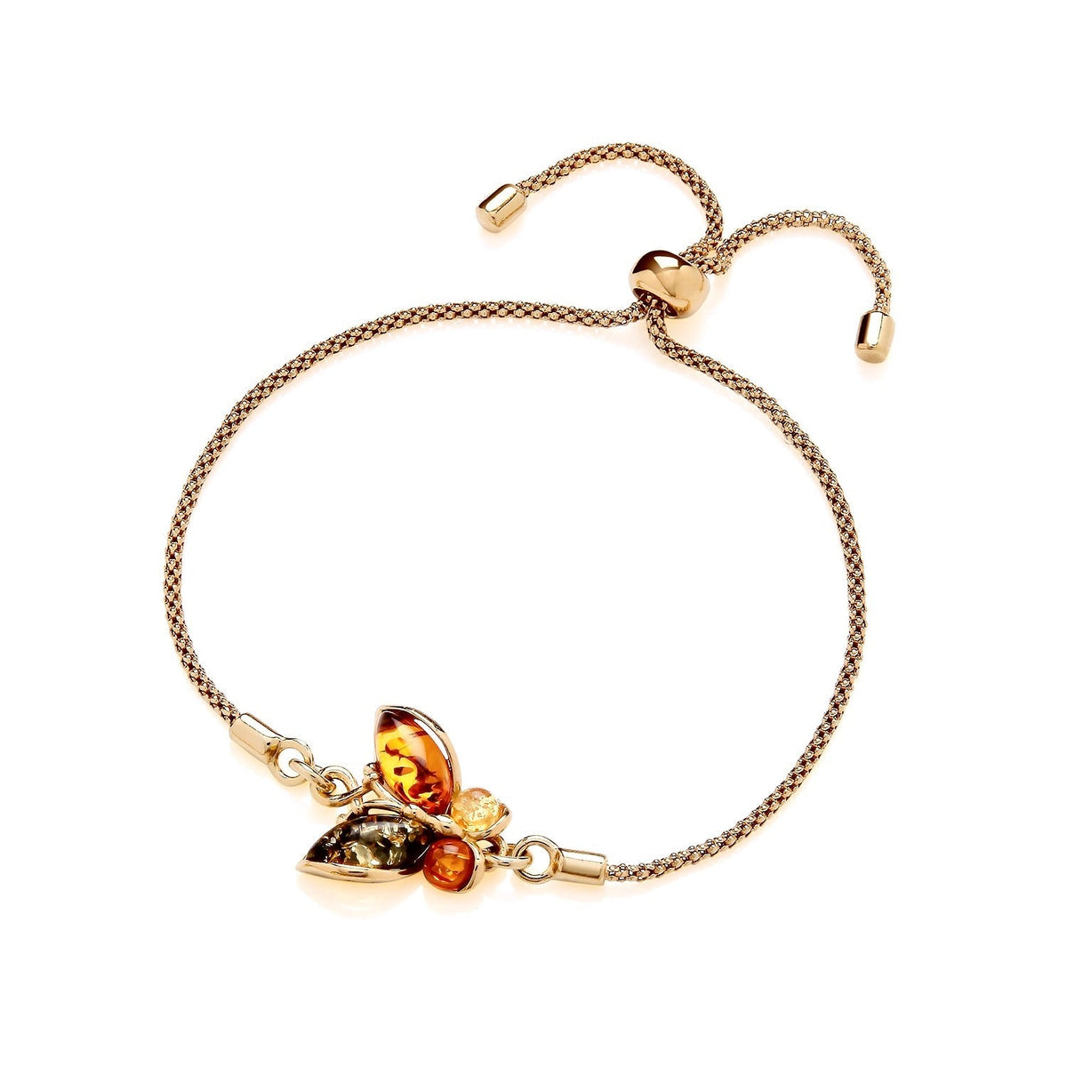 Gold Plated Sterling Silver Natural Baltic Amber Multi Coloured Butterfly Bracelet