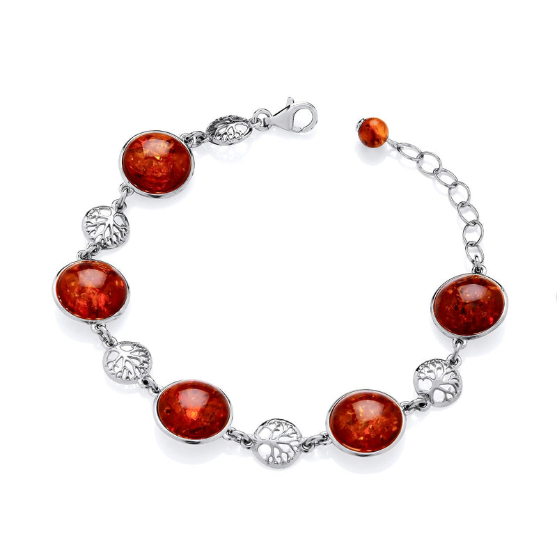 Sterling Silver Natural Baltic Amber Tree of Life Motif & Round Amber Bracelet