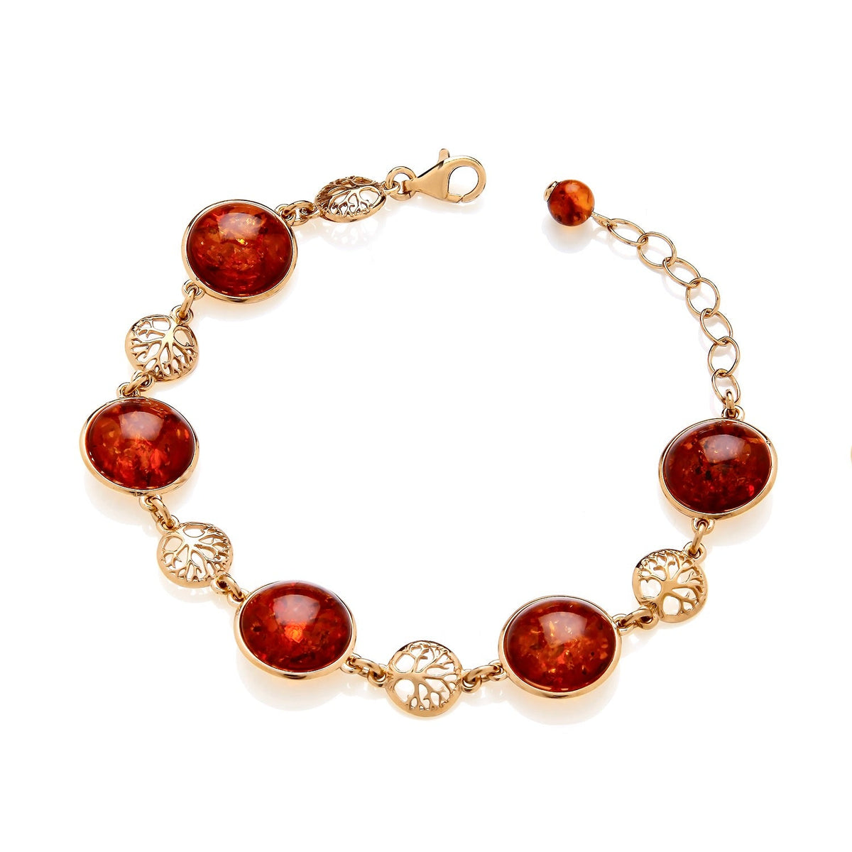 Gold Plated Sterling Silver Natural Baltic Amber Tree of Life Motif & Round Amber Bracelet