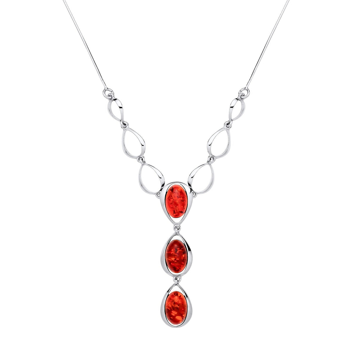 Sterling Silver Natural Baltic Amber Open Teardrop Oval Drop Necklace