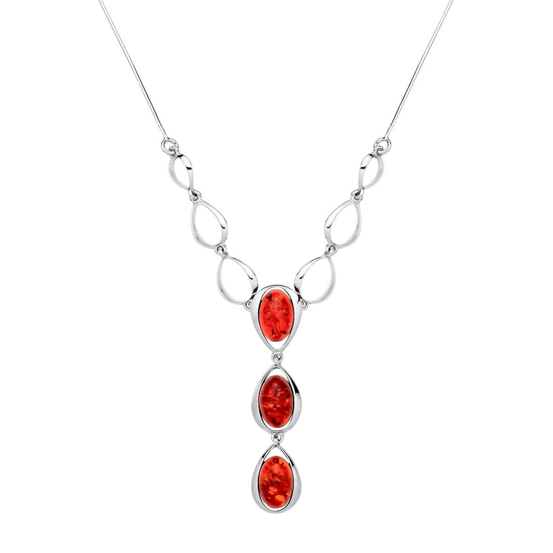 Sterling Silver Natural Baltic Amber Open Teardrop Oval Drop Necklace