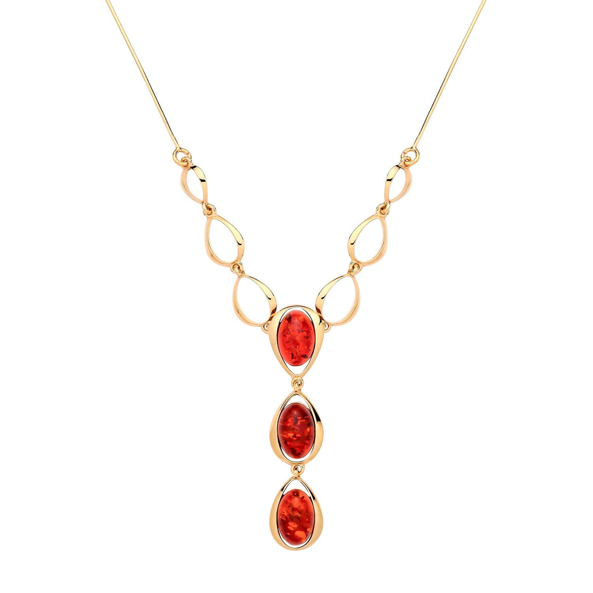 Gold Plated Sterling Silver Natural Baltic Amber Open Teardrop Oval Drop Necklace
