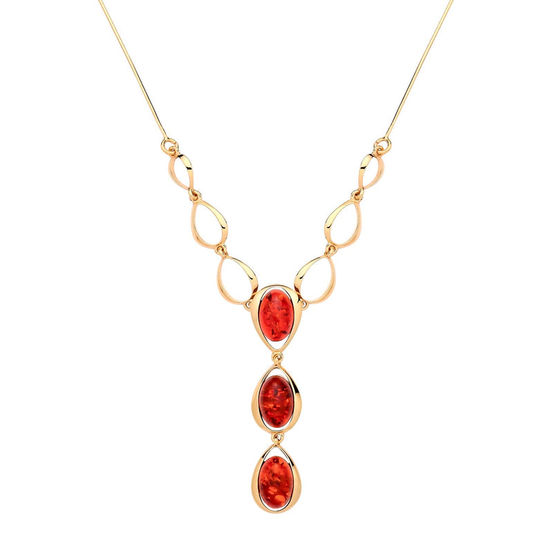 Gold Plated Sterling Silver Natural Baltic Amber Open Teardrop Oval Drop Necklace