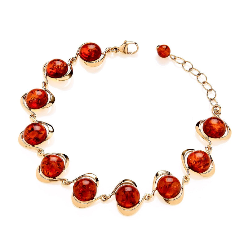 Gold Plated Sterling Silver Natural Baltic Amber Round Cabochon Bracelet