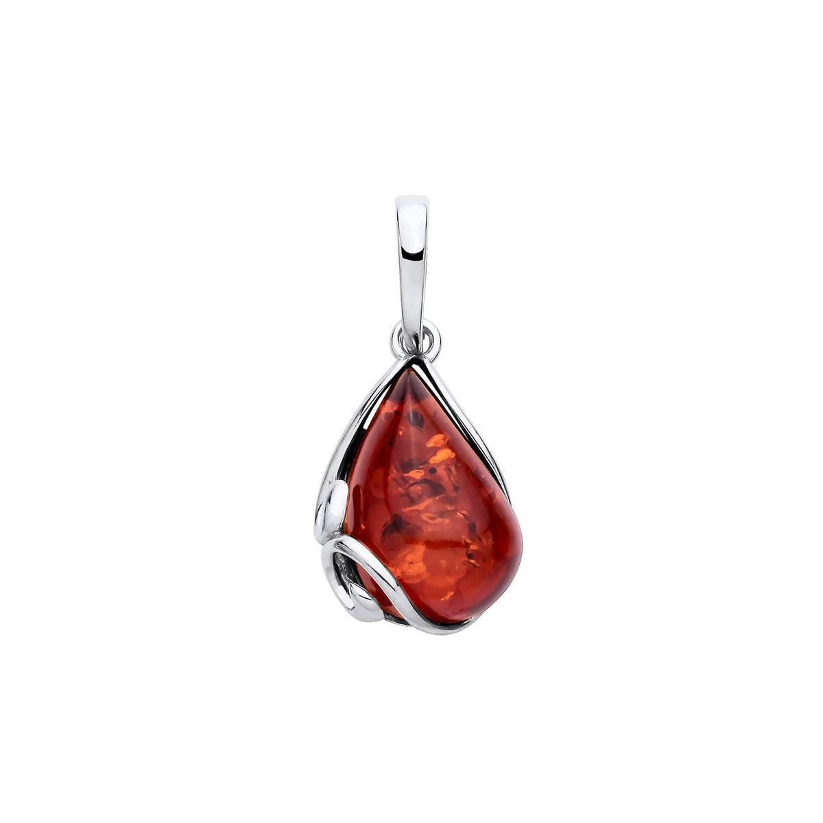 Sterling Silver Natural Baltic Amber Teardrop Floral Pendant