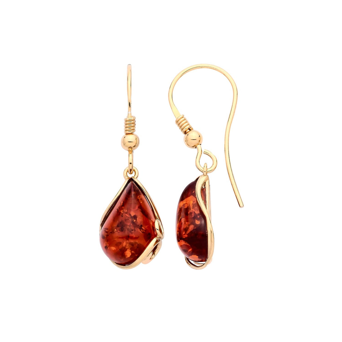 Gold Plated Sterling Silver Natural Baltic Amber Teardrop Floral Drop Earrings