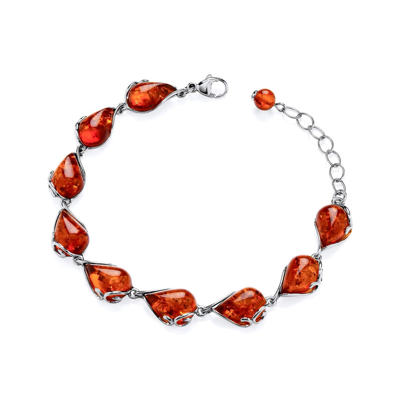 Sterling Silver Natural Baltic Amber Teardrop Floral Bracelet