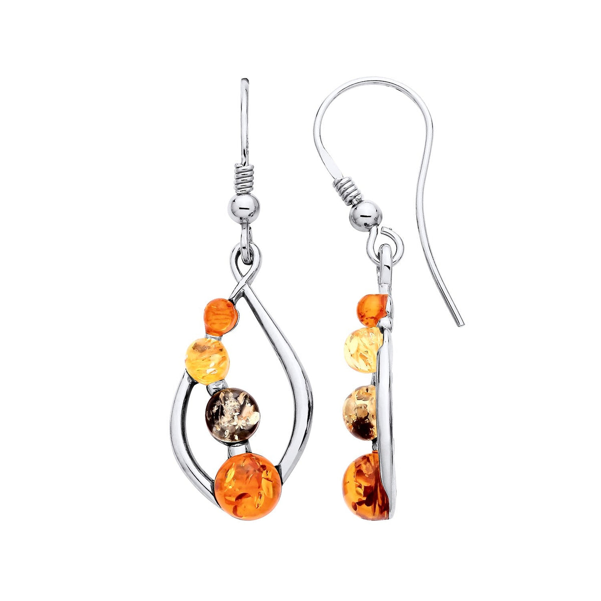 Sterling Silver Natural Baltic Amber Three-Stone Open Swirl Drop Earrings